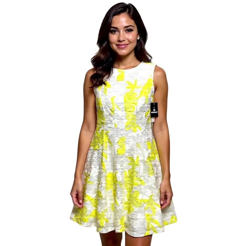 Sandra Darren Women's Fit Flare Dress Yellow Floral Textured Size 12 NWT